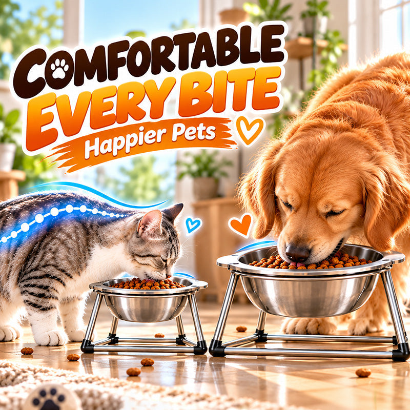 Romptail elevated twin stainless steel feeding bowl on a tilted frame