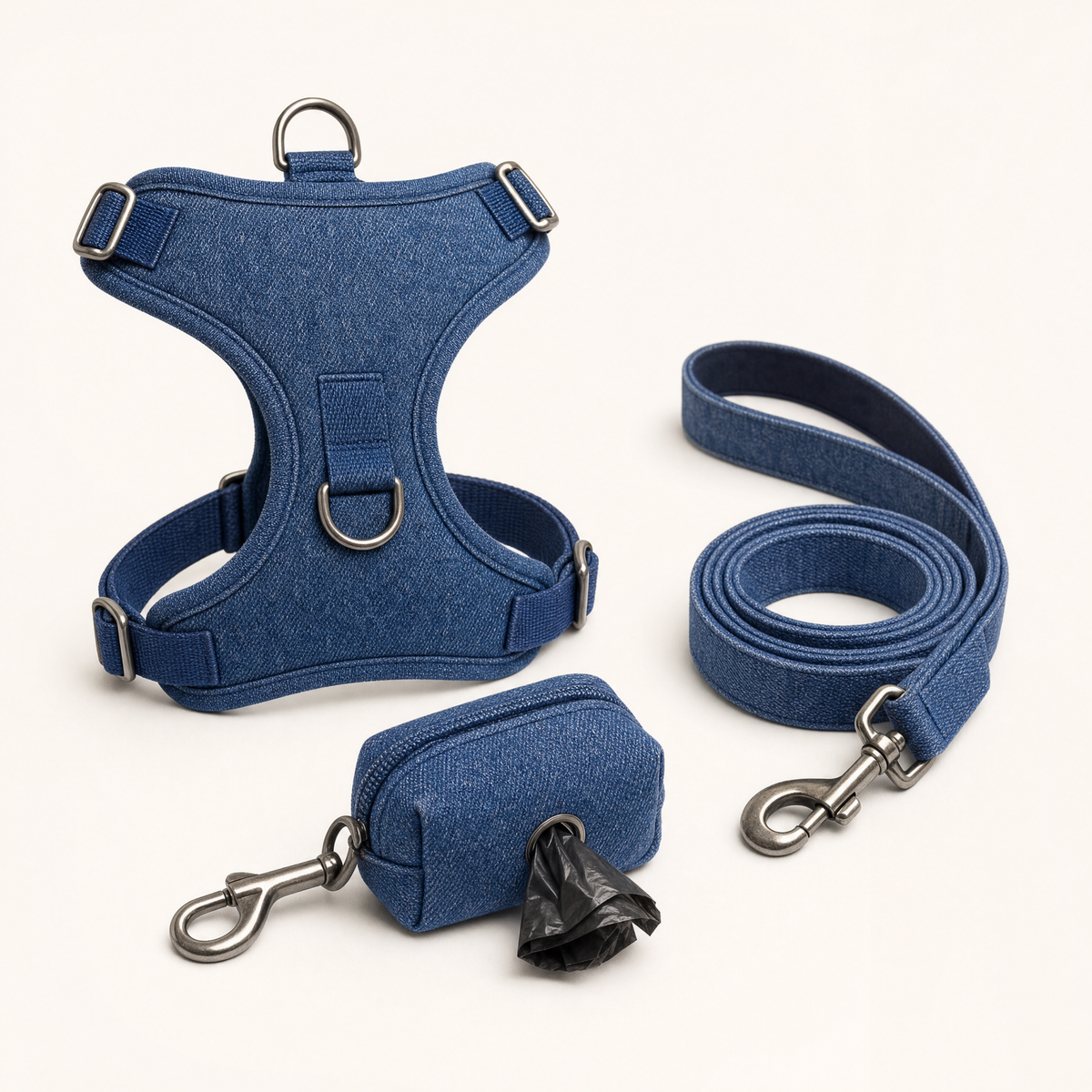 Romptail denim-look harness, leash and waste-bag holder set