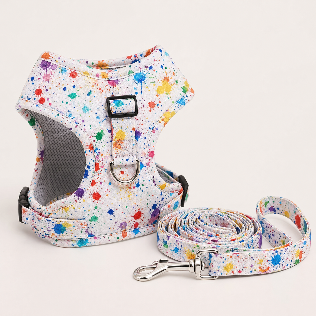 Romptail Spatterwork harness and leash set in splatter-printed nylon