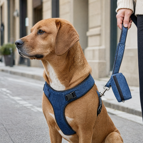 The denim set shown on a dog