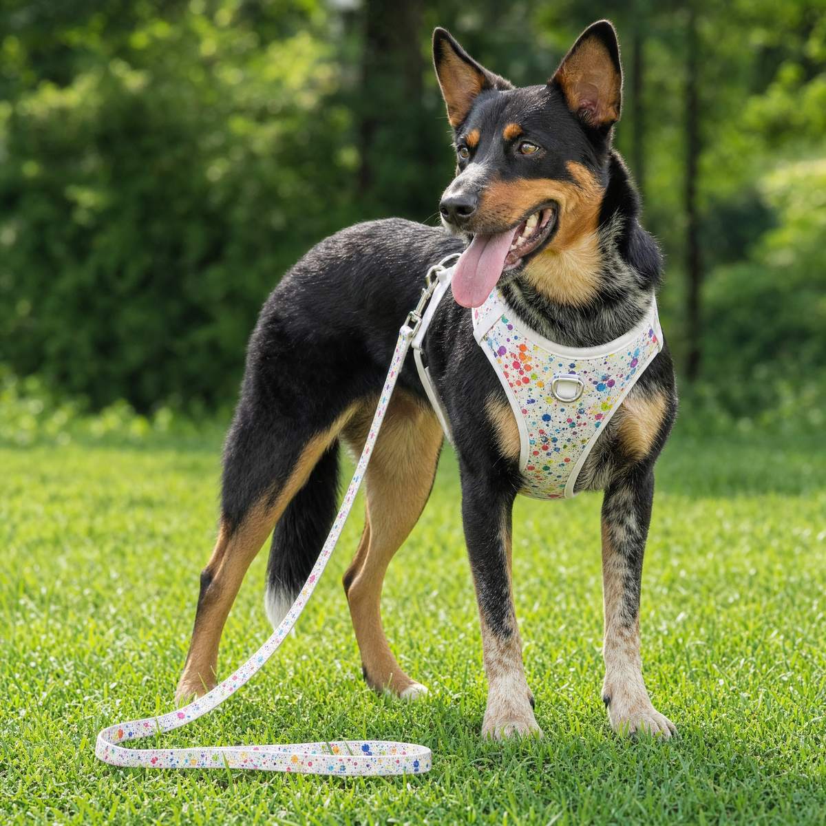 The Spatterwork harness shown on a dog, front lead point visible