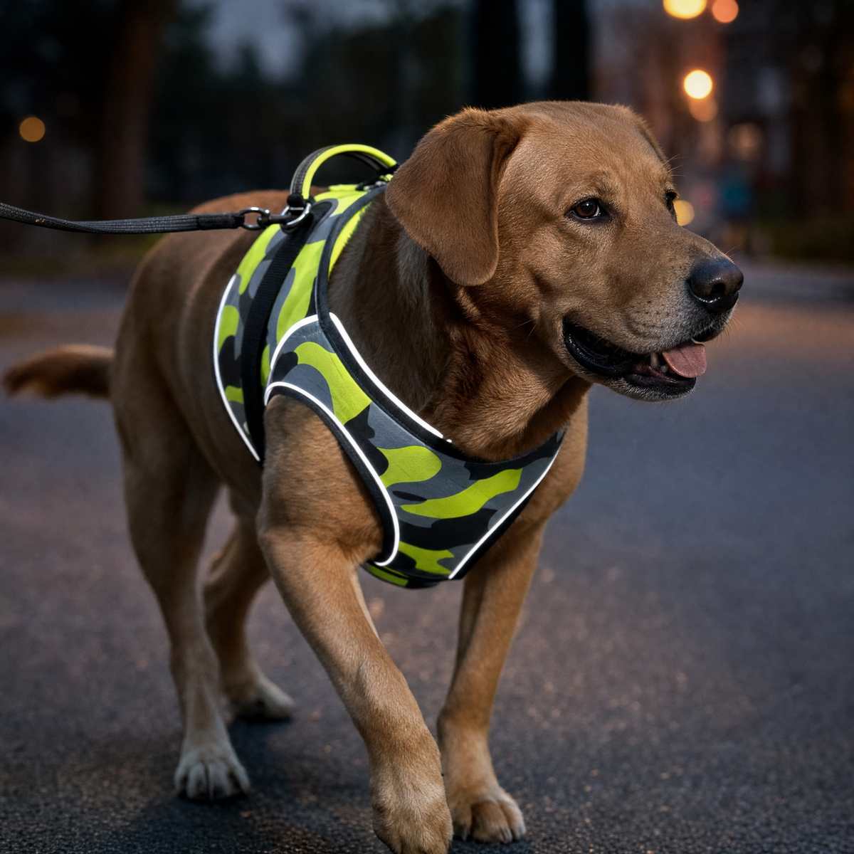 The Field Camo harness shown on a dog