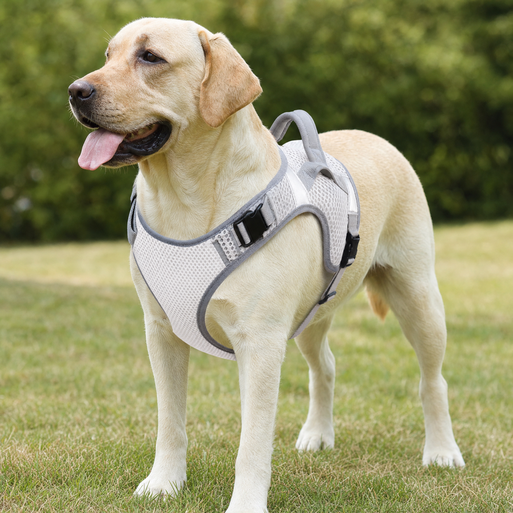 The Chalk cooling mesh harness shown on a dog